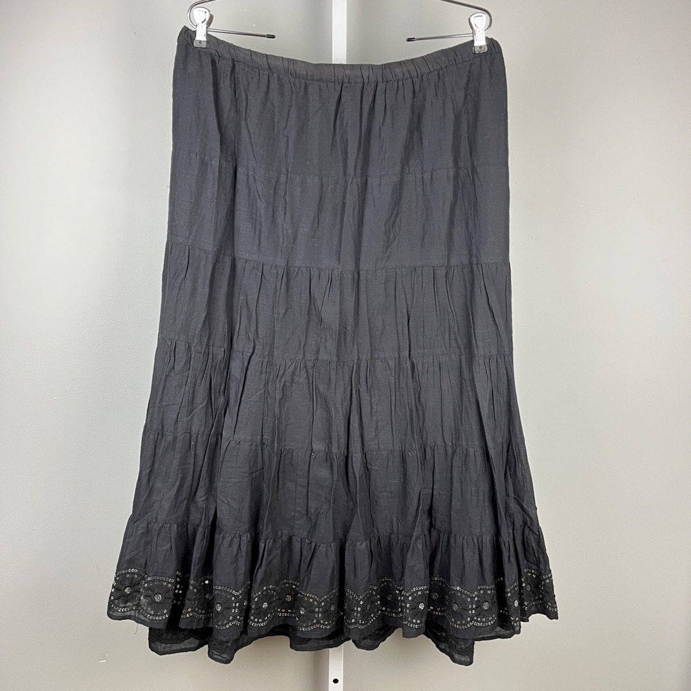 Ashley Stewart Black Peasant Maxi Skirt Womens 14/16 Embroidered Sequin Hem Boho
